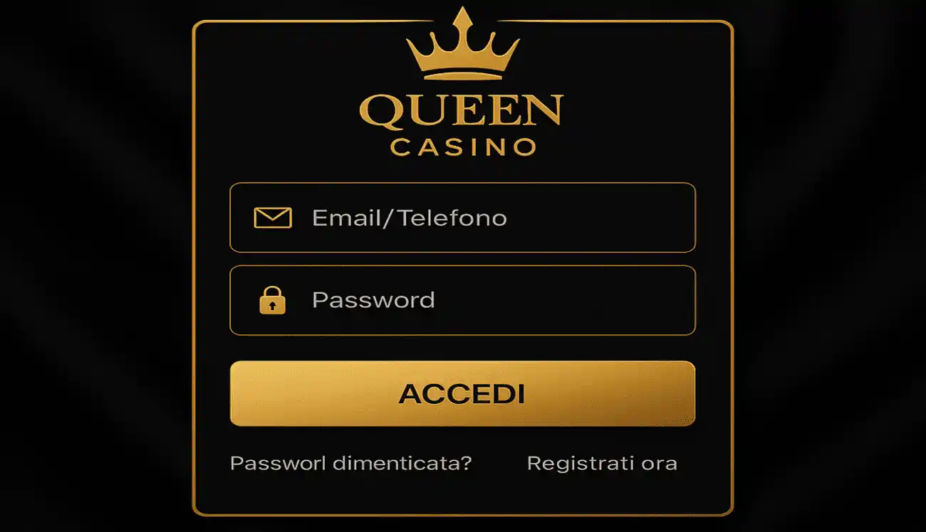 Schermata di login Queen Casino con sfondo in velluto nero, logo con corona, campi Email/Telefono e Password e bottone dorato ACCEDI